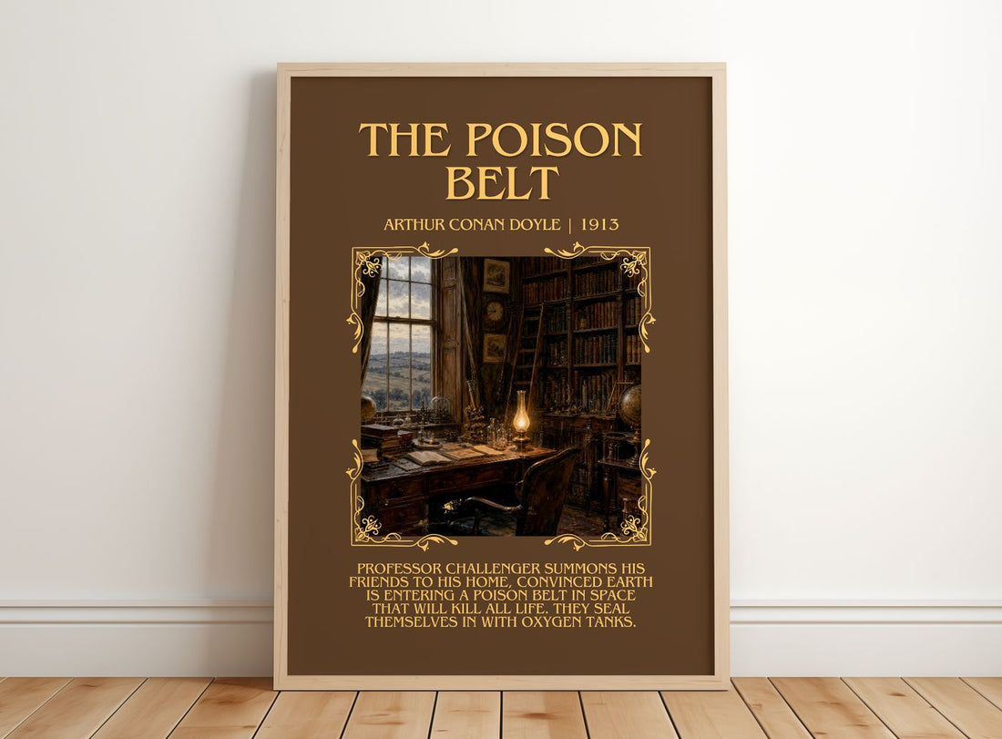 The Poison Belt Minimalist Book Poster by Arthur Conan Doyle – framed print leaning on a wooden floor