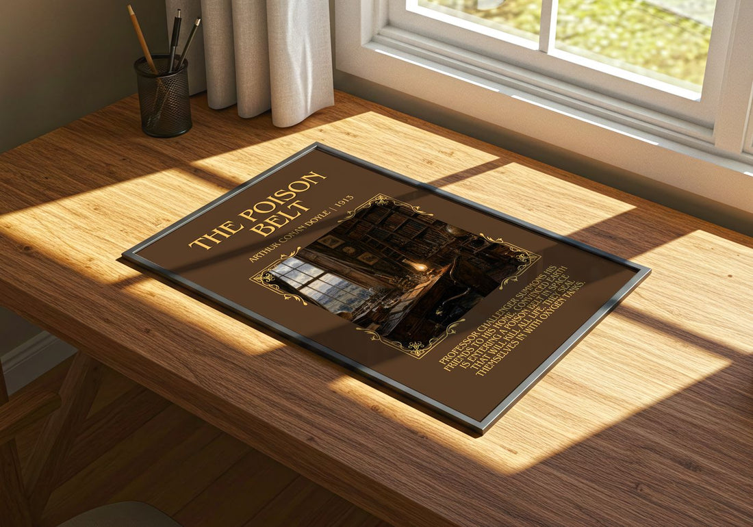 The Poison Belt Minimalist Book Poster by Arthur Conan Doyle – print on a sunlit desk