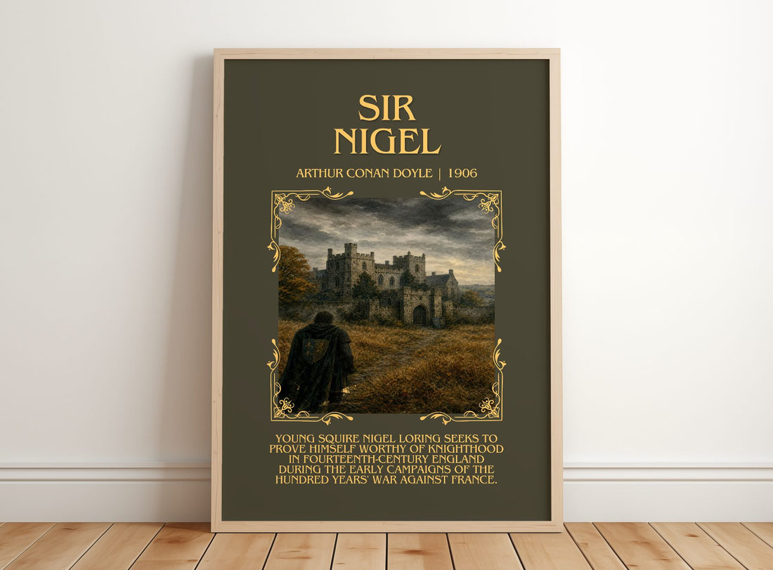 Sir Nigel Minimalist Book Poster by Arthur Conan Doyle – framed print leaning on a wooden floor