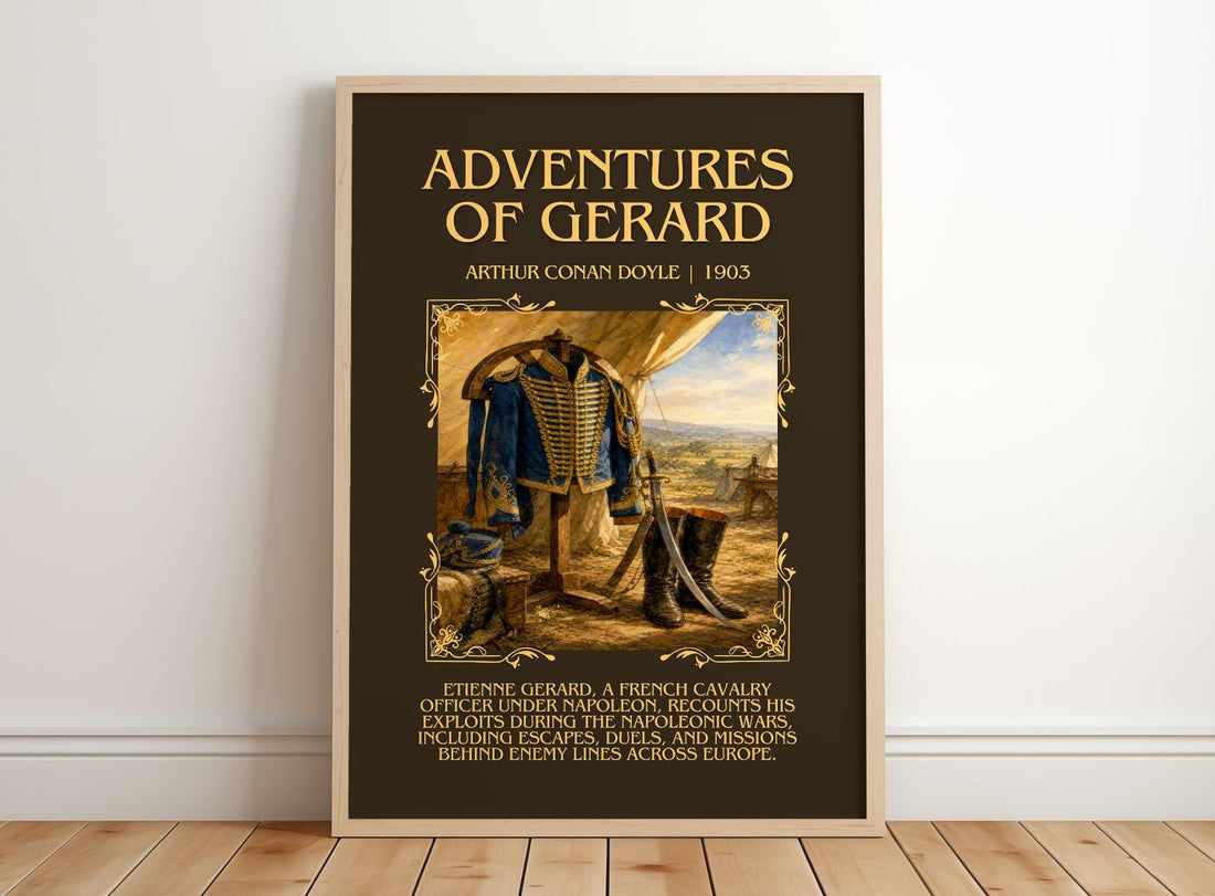 Adventures Of Gerard Minimalist Book Poster by Arthur Conan Doyle – framed print leaning on a wooden floor
