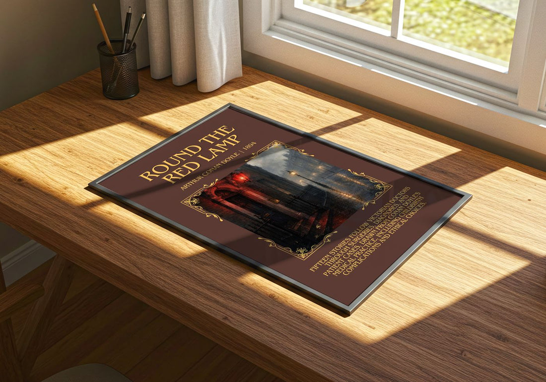 Round The Red Lamp Minimalist Book Poster by Arthur Conan Doyle – print on a sunlit desk