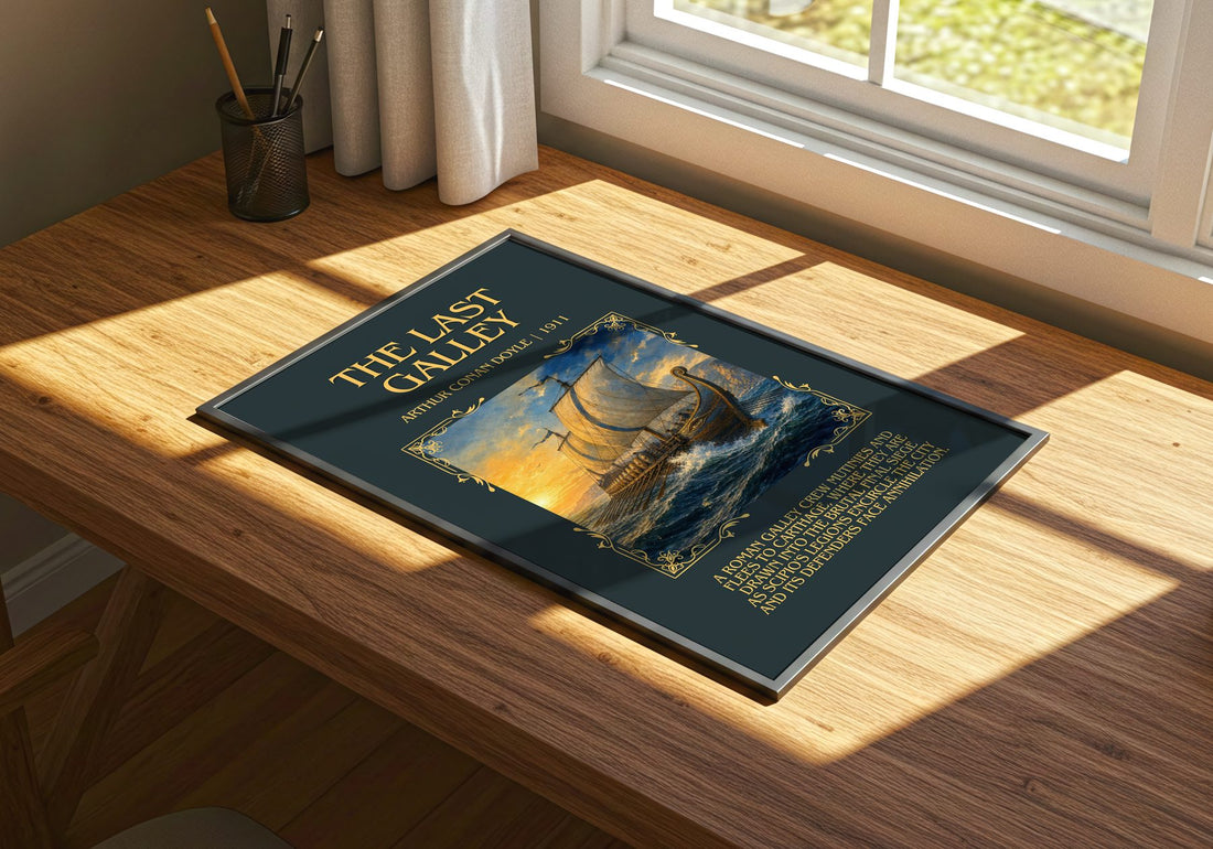 The Last Galley Minimalist Book Poster by Arthur Conan Doyle – print on a sunlit desk