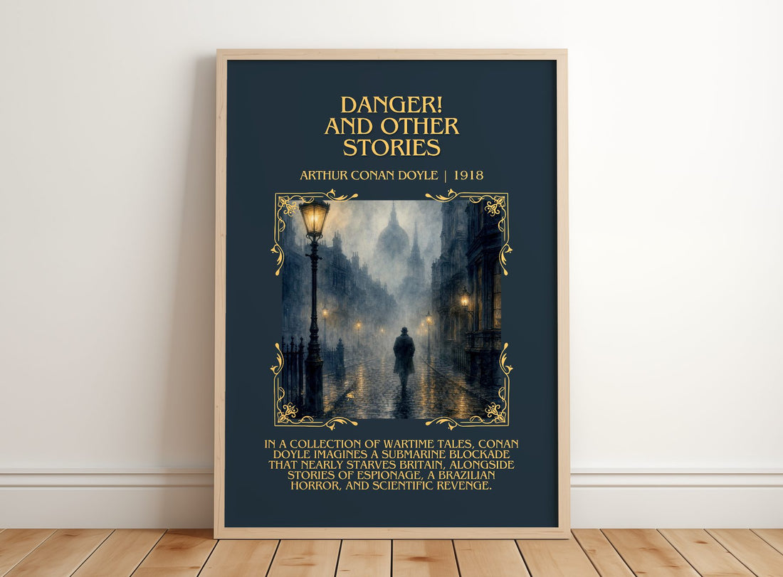 Danger! And Other Stories Minimalist Book Poster by Arthur Conan Doyle – framed print leaning on a wooden floor