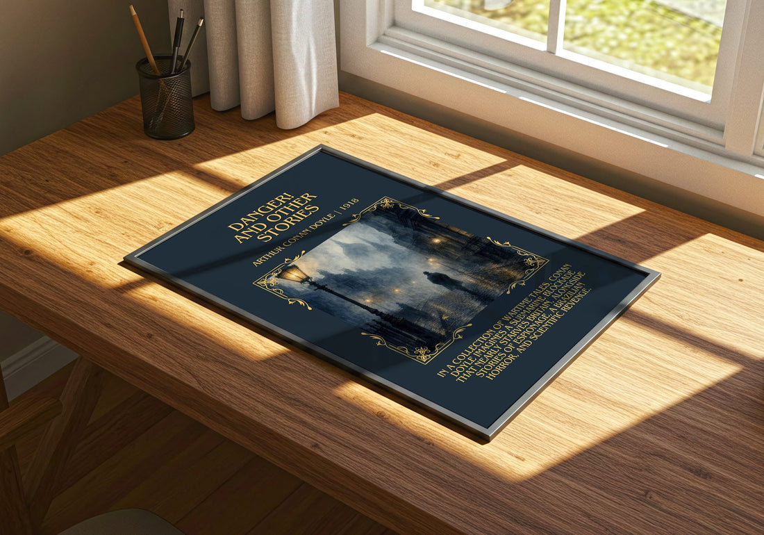 Danger! And Other Stories Minimalist Book Poster by Arthur Conan Doyle – print on a sunlit desk