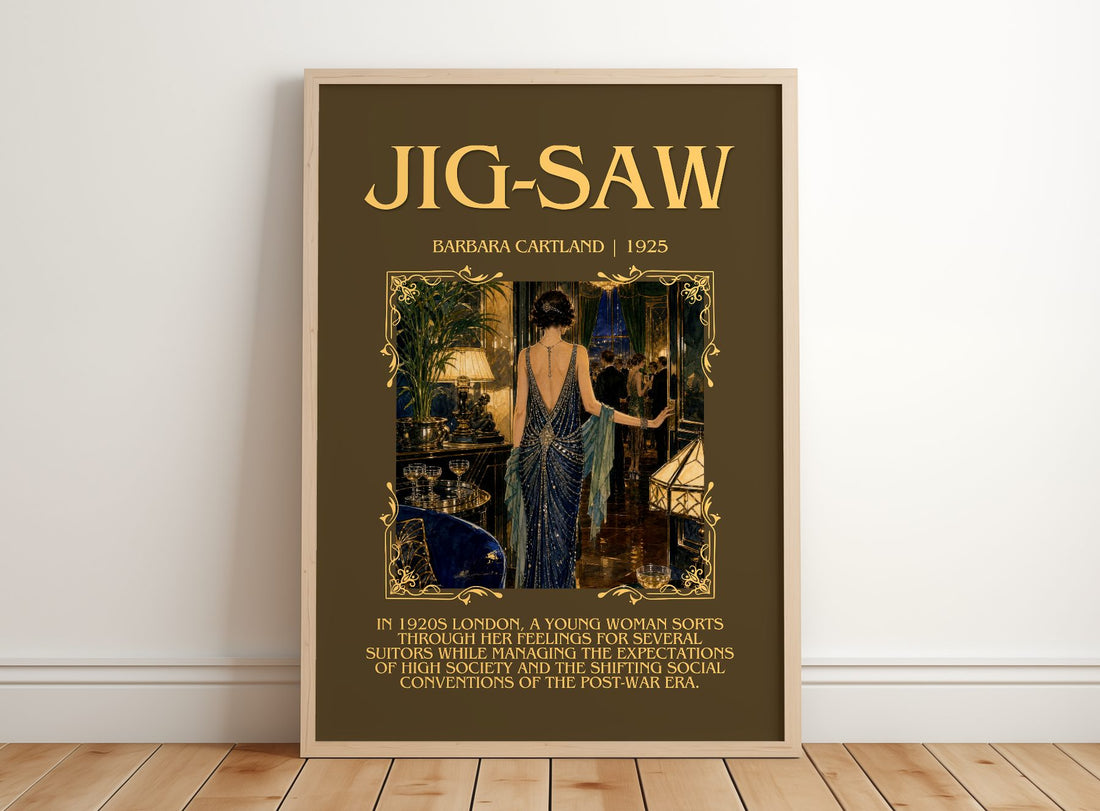 Jig-Saw Minimalist Book Poster by Barbara Cartland – framed print leaning on a wooden floor