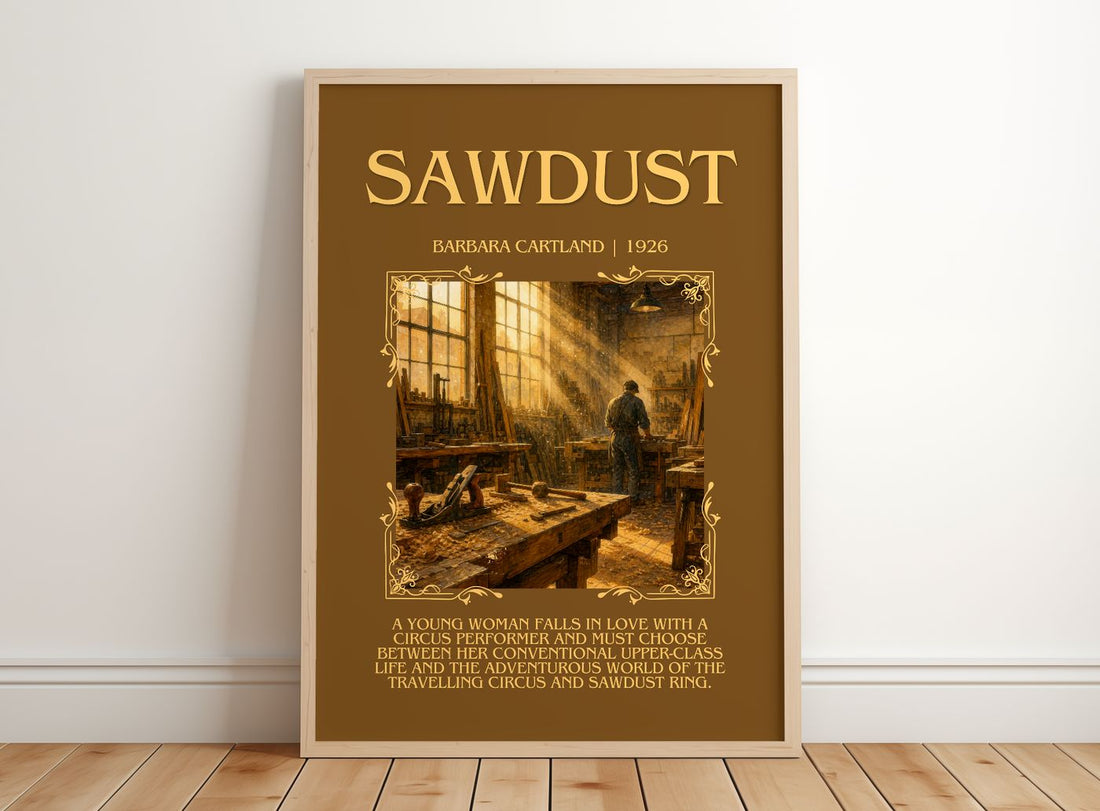 Sawdust Minimalist Book Poster by Barbara Cartland – framed print leaning on a wooden floor