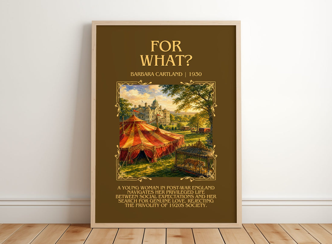 For What? Minimalist Book Poster by Barbara Cartland – framed print leaning on a wooden floor