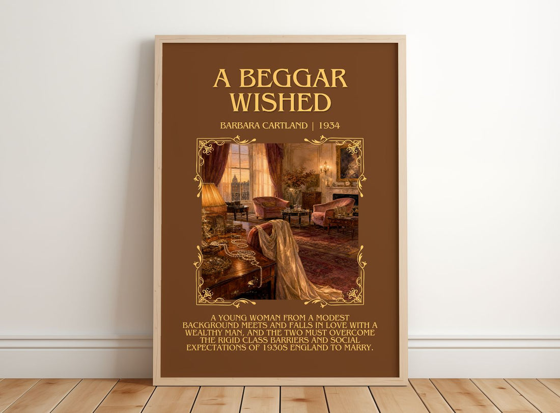 A Beggar Wished Minimalist Book Poster by Barbara Cartland – framed print leaning on a wooden floor