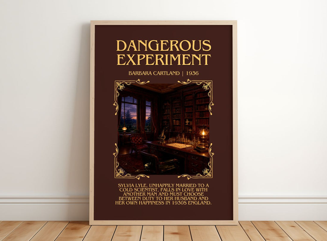 Dangerous Experiment Minimalist Book Poster by Barbara Cartland – framed print leaning on a wooden floor