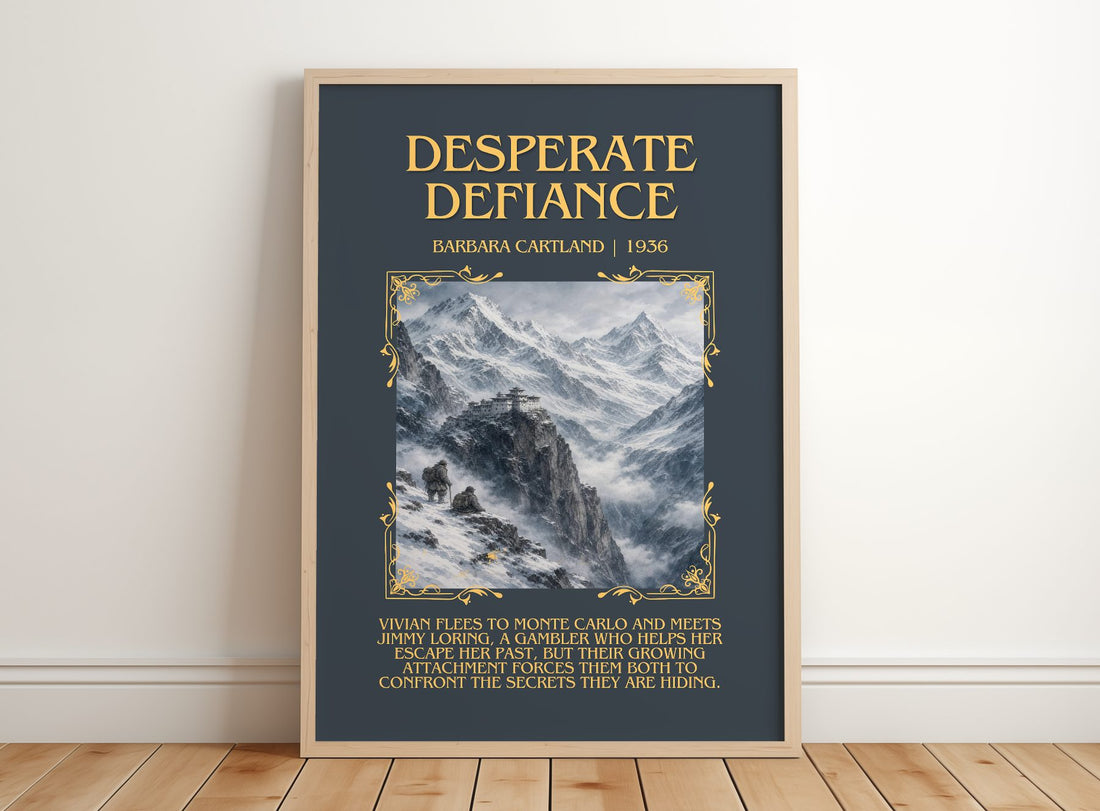 Desperate Defiance Minimalist Book Poster by Barbara Cartland – framed print leaning on a wooden floor