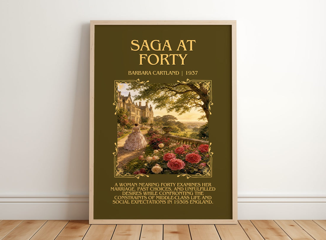 Saga At Forty Minimalist Book Poster by Barbara Cartland – framed print leaning on a wooden floor