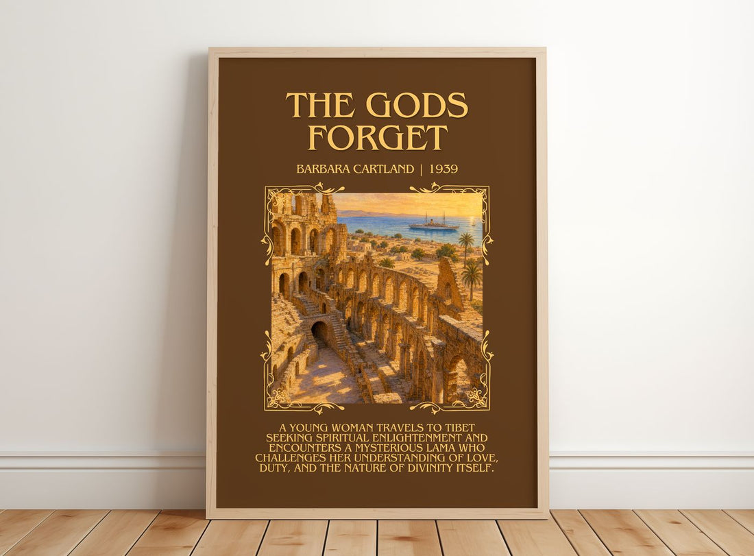 The Gods Forget Minimalist Book Poster by Barbara Cartland – framed print leaning on a wooden floor