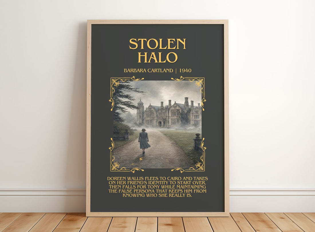 Stolen Halo Minimalist Book Poster by Barbara Cartland – framed print leaning on a wooden floor