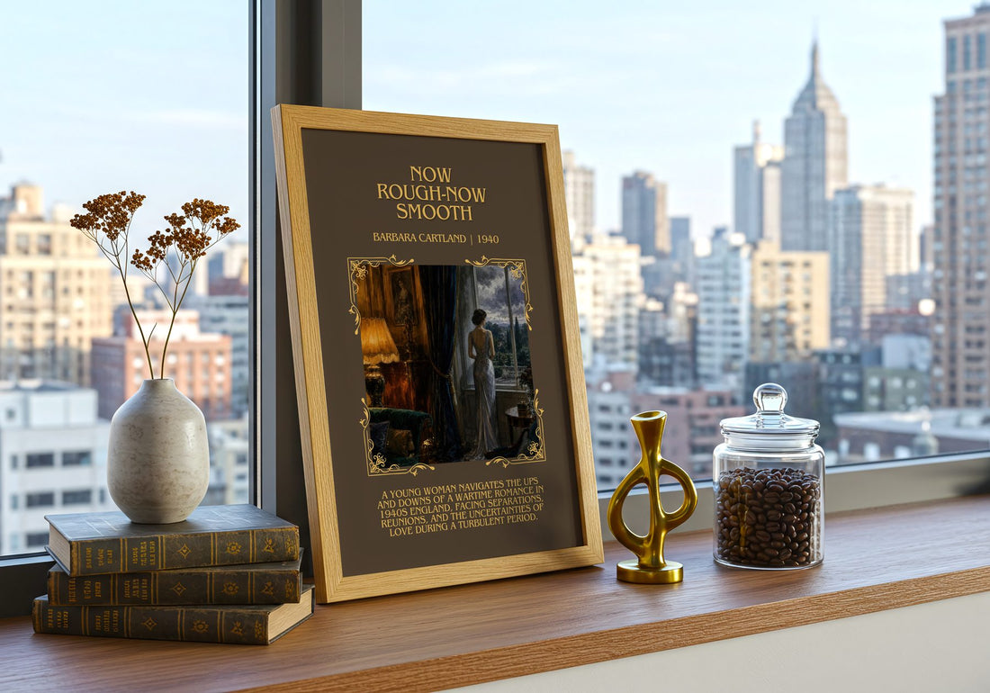 Now Rough-Now Smooth Minimalist Book Poster by Barbara Cartland – framed print on a city-view windowsill