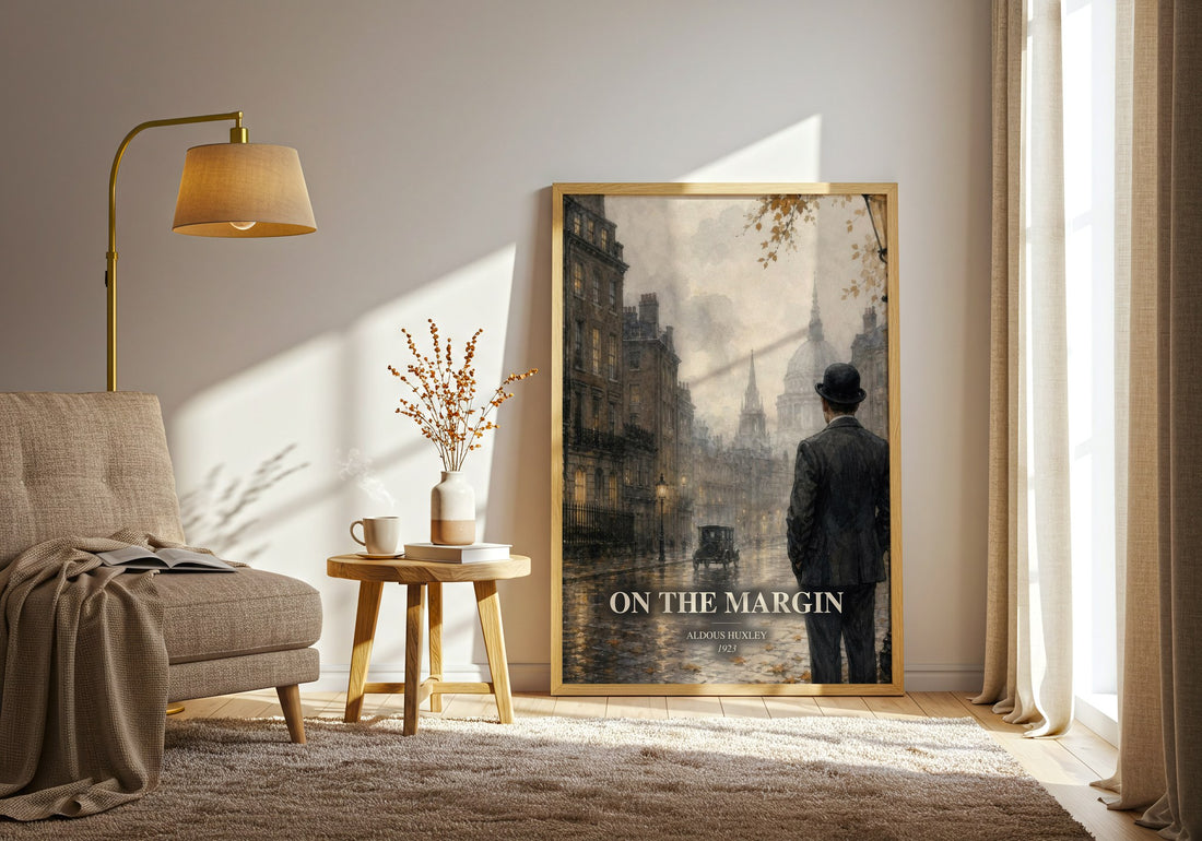 On The Margin watercolour print in frame leaning in hallway – non fiction wall art (mockup)