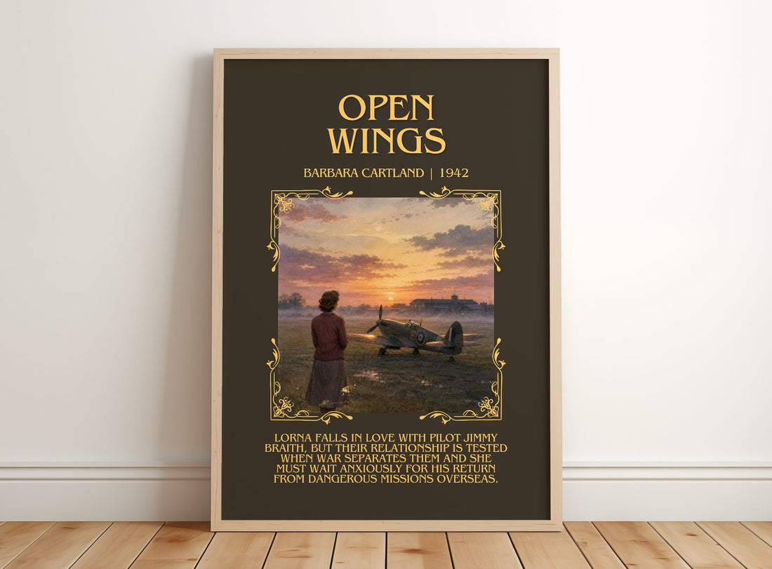 Open Wings Minimalist Book Poster by Barbara Cartland – framed print leaning on a wooden floor