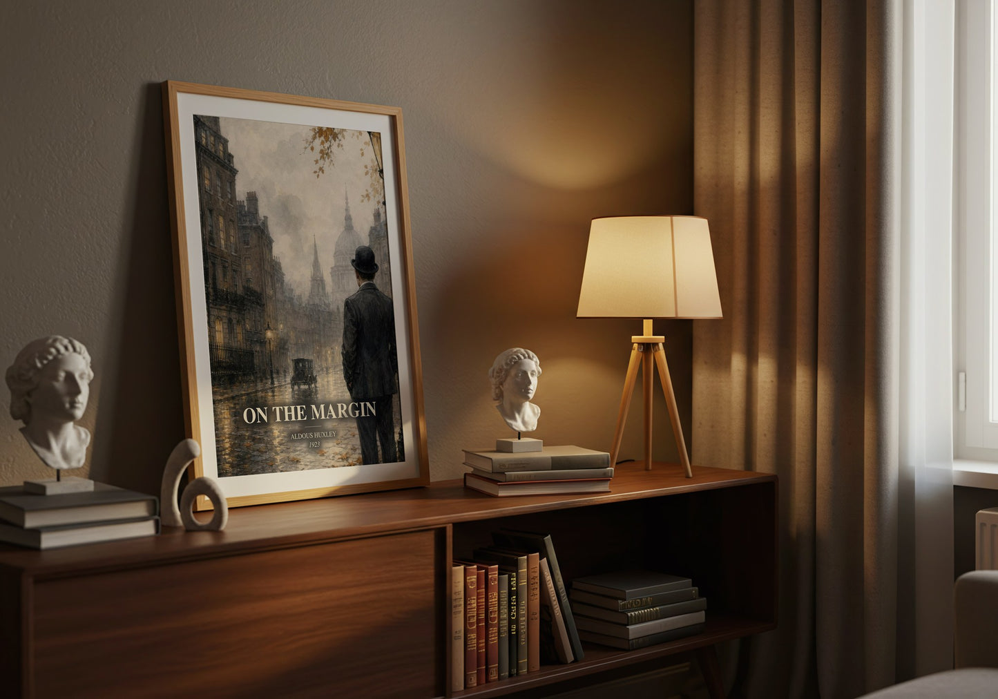 On The Margin watercolour print on bookshelf – Aldous Huxley fan gift