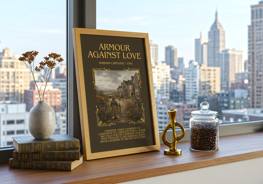 Armour Against Love Minimalist Book Poster by Barbara Cartland – framed print on a city-view windowsill