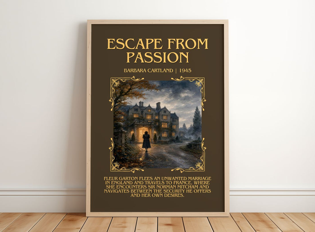 Escape From Passion Minimalist Book Poster by Barbara Cartland – framed print leaning on a wooden floor