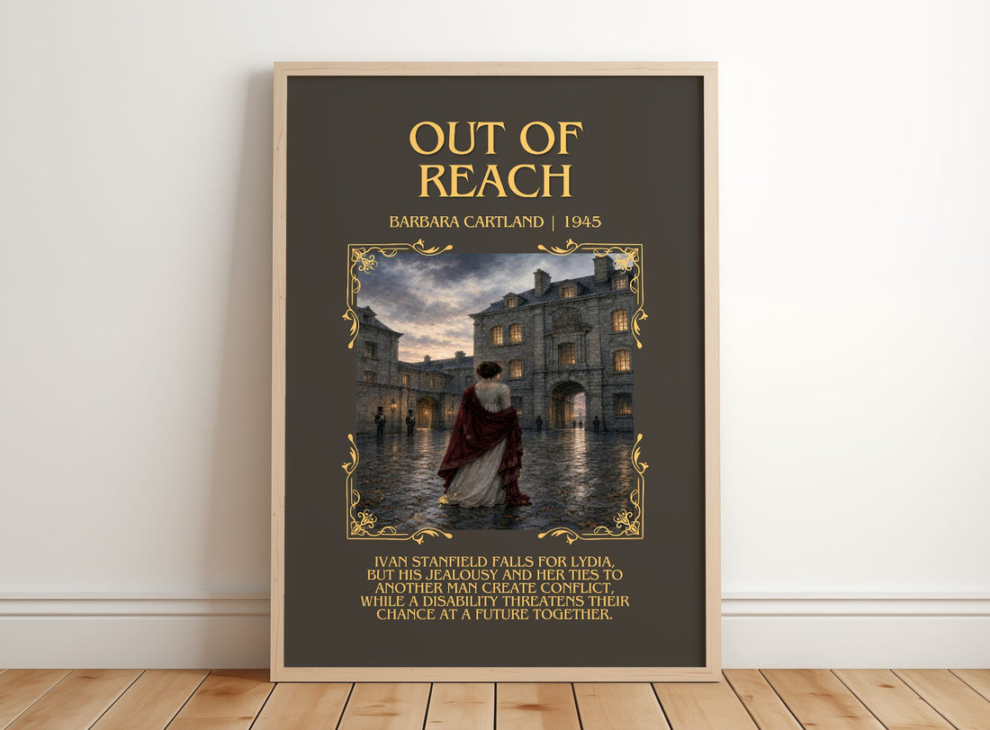Out Of Reach Minimalist Book Poster by Barbara Cartland – framed print leaning on a wooden floor