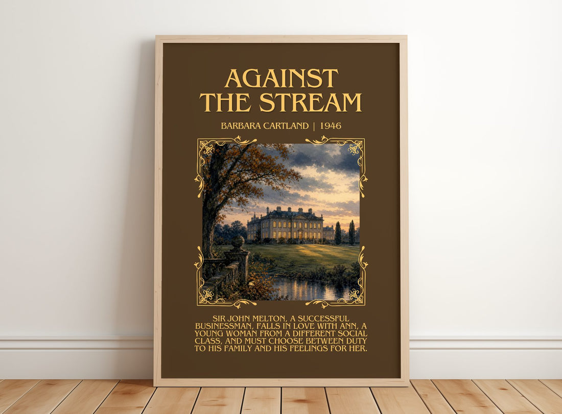 Against The Stream Minimalist Book Poster by Barbara Cartland – framed print leaning on a wooden floor