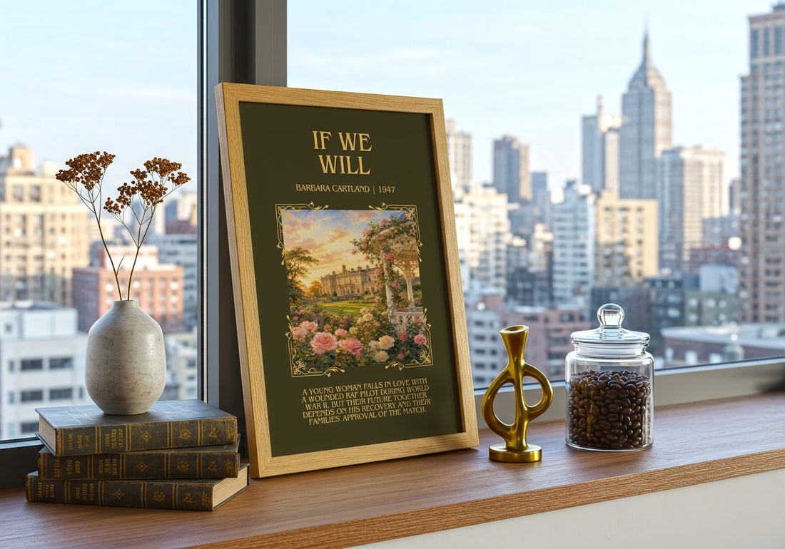 If We Will Minimalist Book Poster by Barbara Cartland – framed print on a city-view windowsill