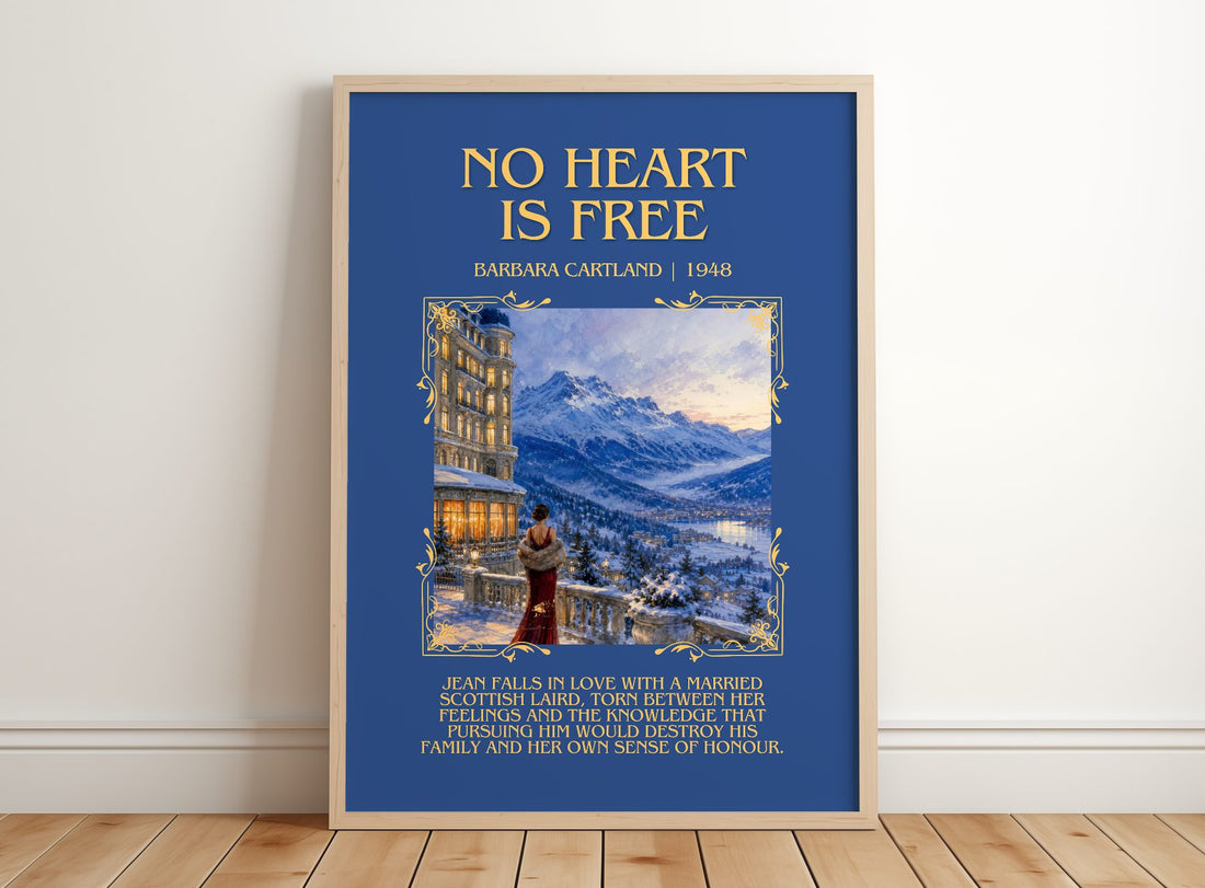 No Heart Is Free Minimalist Book Poster by Barbara Cartland – framed print leaning on a wooden floor