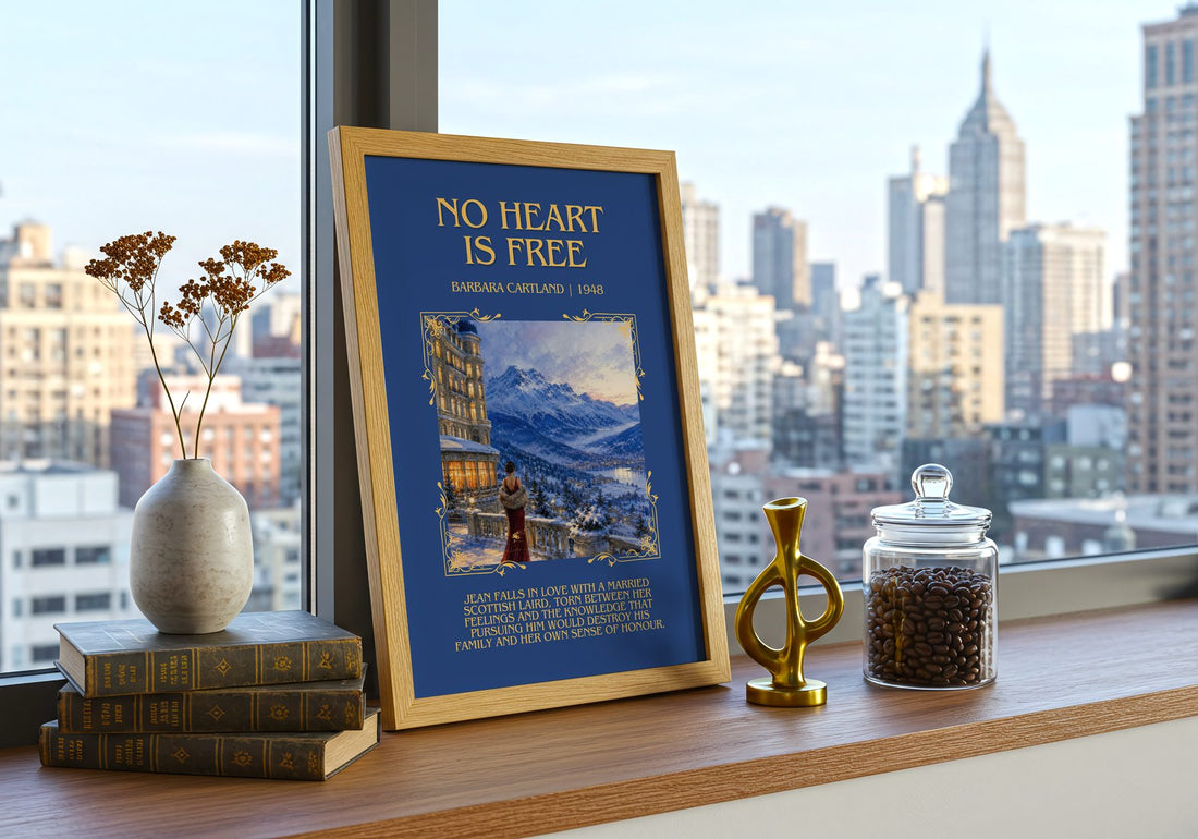 No Heart Is Free Minimalist Book Poster by Barbara Cartland – framed print on a city-view windowsill