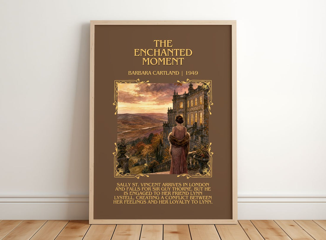The Enchanted Moment Minimalist Book Poster by Barbara Cartland – framed print leaning on a wooden floor