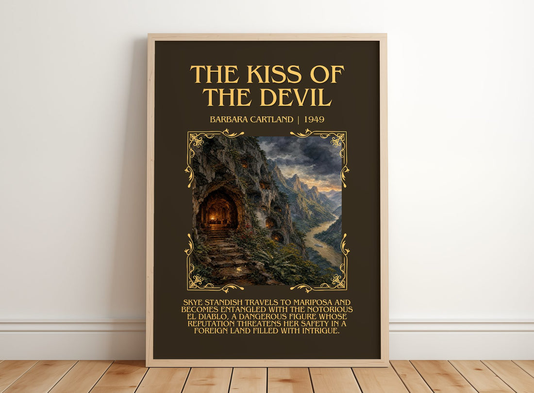 The Kiss Of The Devil Minimalist Book Poster by Barbara Cartland – framed print leaning on a wooden floor