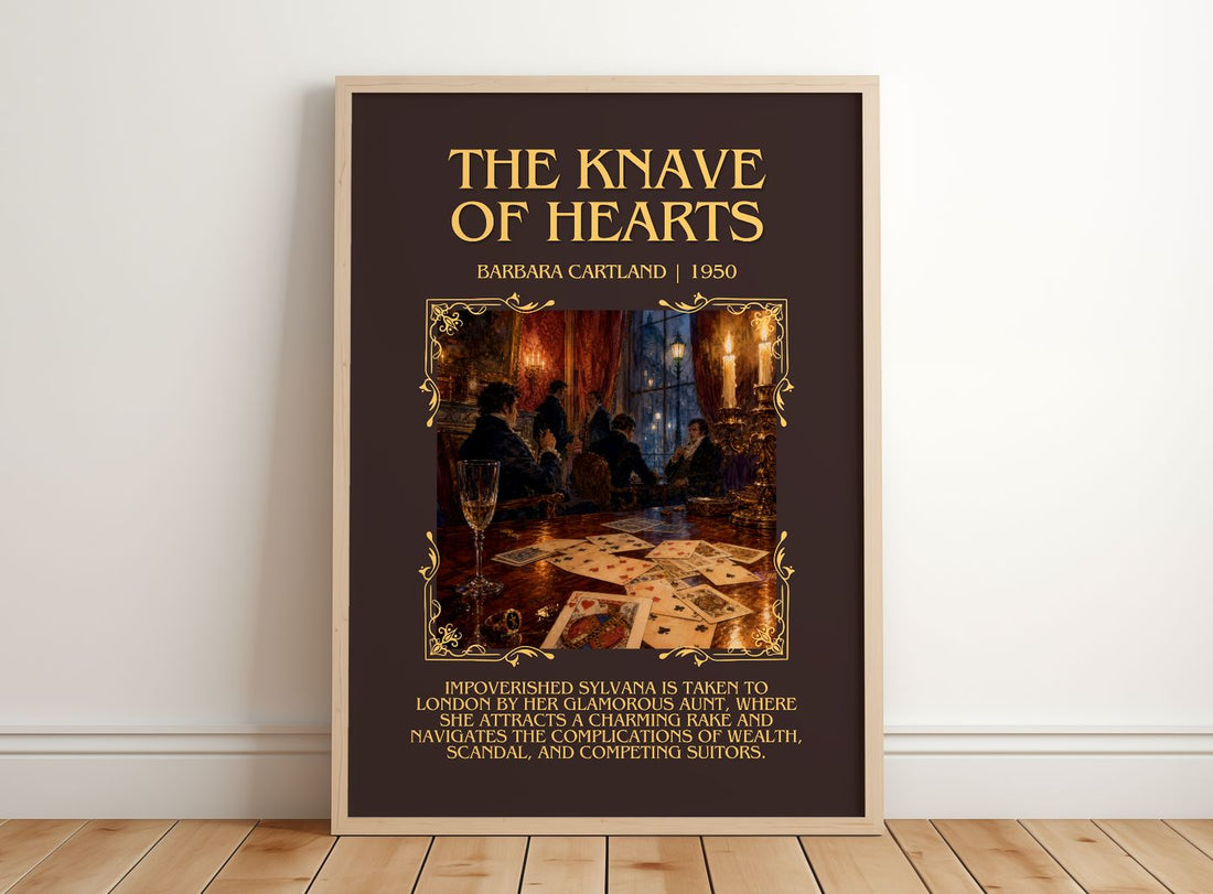 The Knave Of Hearts Minimalist Book Poster by Barbara Cartland – framed print leaning on a wooden floor