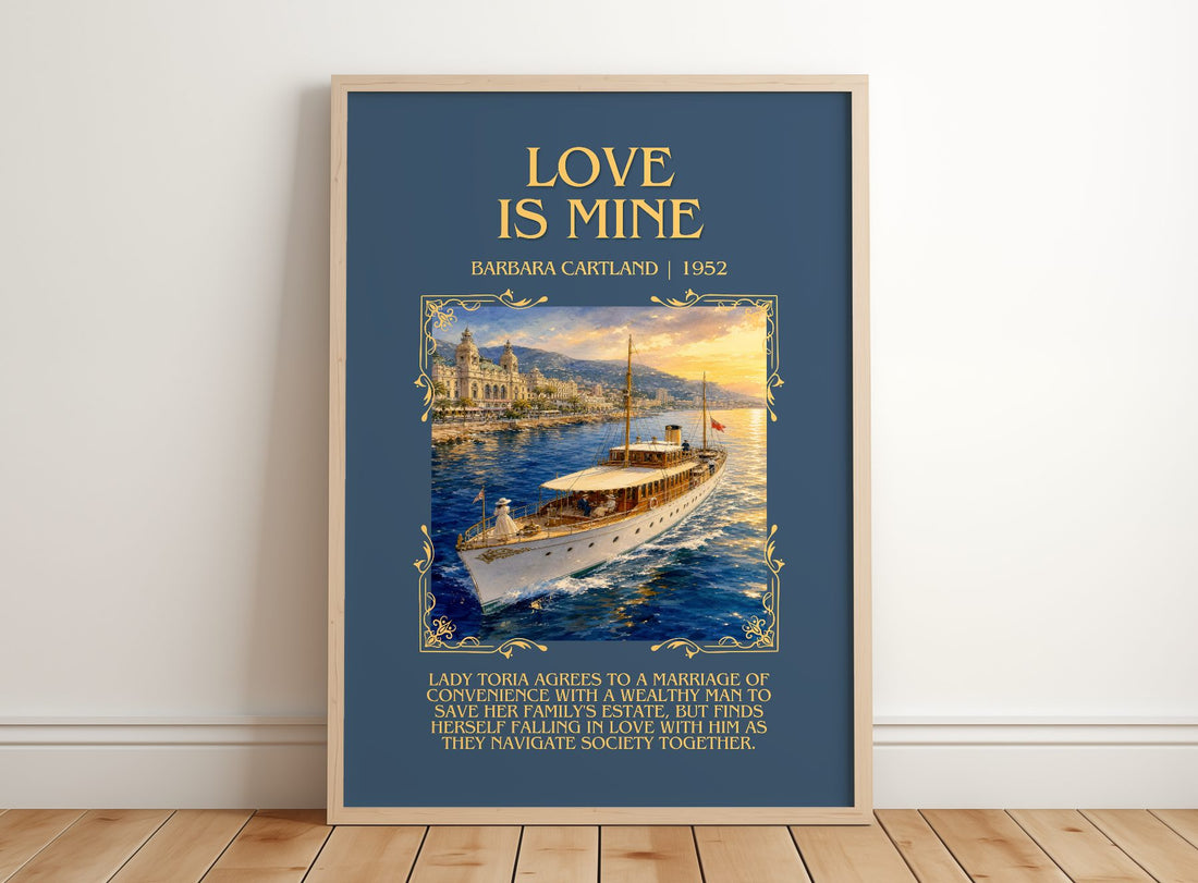 Love Is Mine Minimalist Book Poster by Barbara Cartland – framed print leaning on a wooden floor