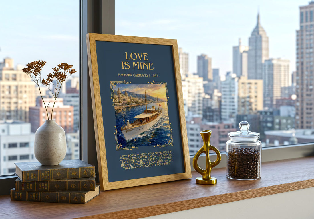 Love Is Mine Minimalist Book Poster by Barbara Cartland – framed print on a city-view windowsill