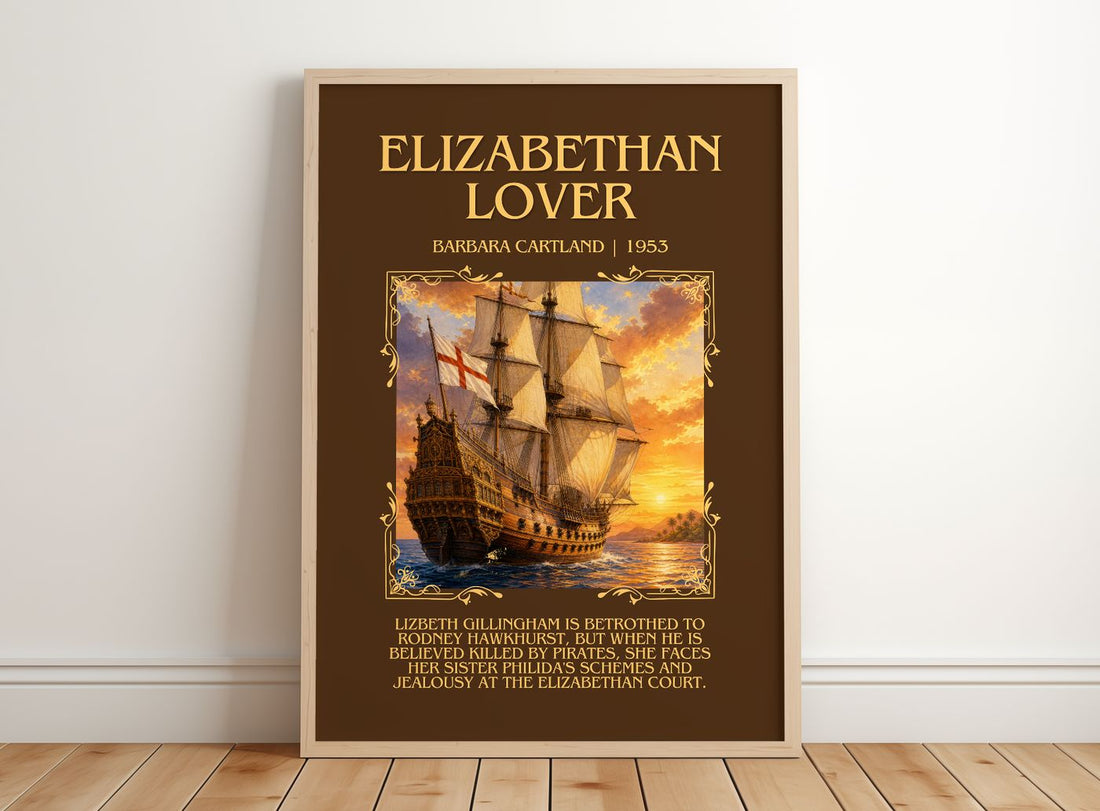 Elizabethan Lover Minimalist Book Poster by Barbara Cartland – framed print leaning on a wooden floor
