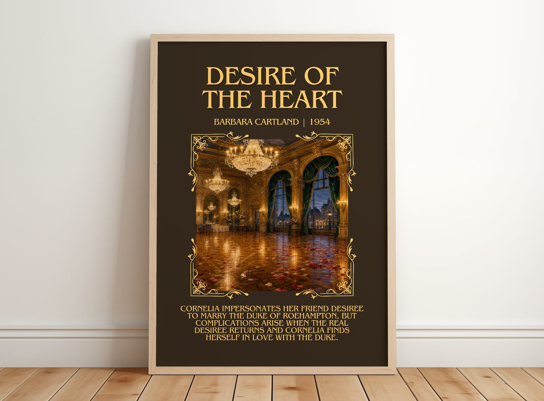 Desire Of The Heart Minimalist Book Poster by Barbara Cartland – framed print leaning on a wooden floor