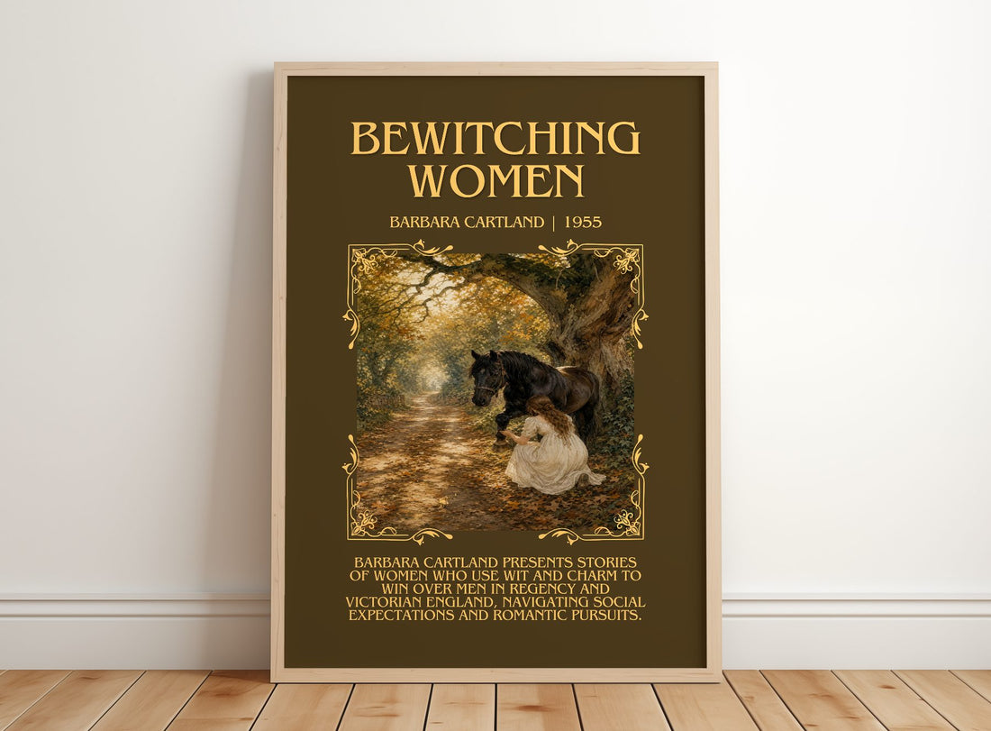 Bewitching Women Minimalist Book Poster by Barbara Cartland – framed print leaning on a wooden floor