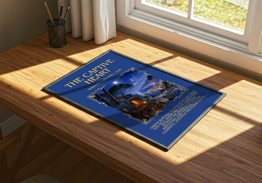 The Captive Heart Minimalist Book Poster by Barbara Cartland – print on a sunlit desk