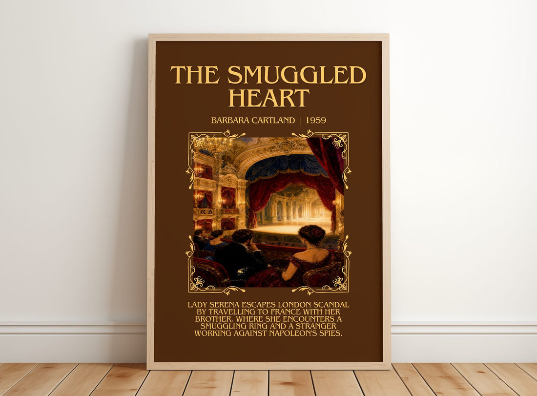 The Smuggled Heart Minimalist Book Poster by Barbara Cartland – framed print leaning on a wooden floor