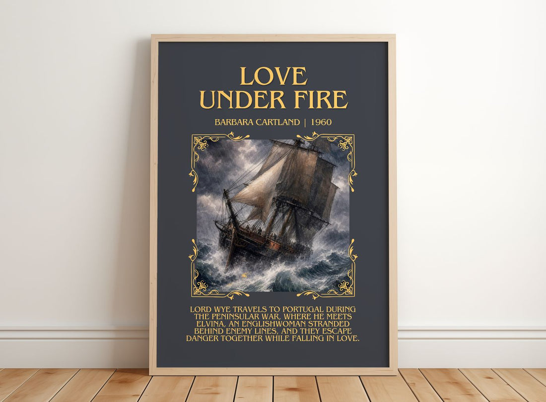Love Under Fire Minimalist Book Poster by Barbara Cartland – framed print leaning on a wooden floor