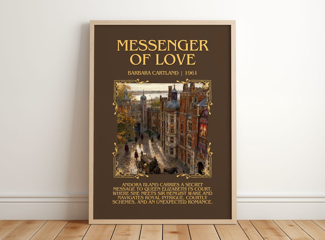 Messenger Of Love Minimalist Book Poster by Barbara Cartland – framed print leaning on a wooden floor