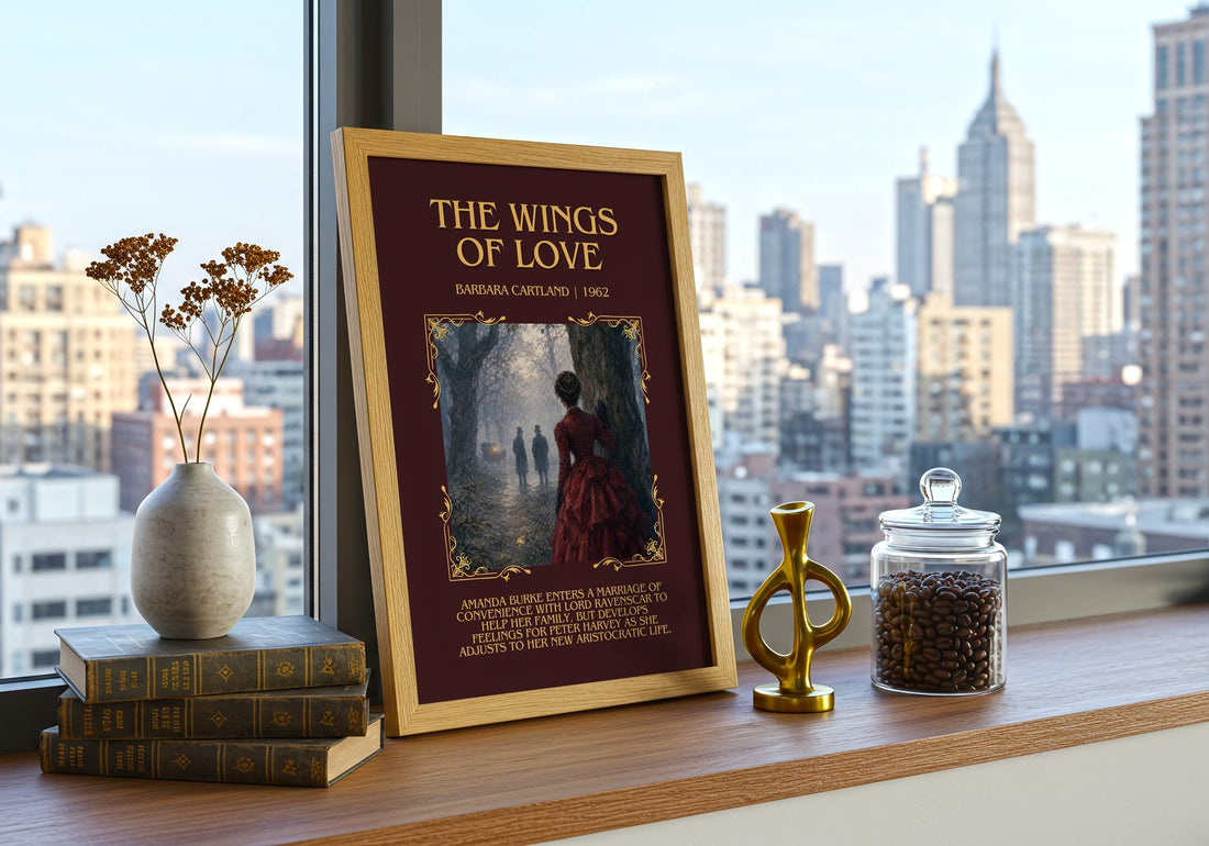 The Wings Of Love Minimalist Book Poster by Barbara Cartland – framed print on a city-view windowsill
