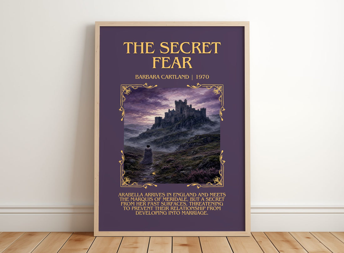 The Secret Fear Minimalist Book Poster by Barbara Cartland – framed print leaning on a wooden floor