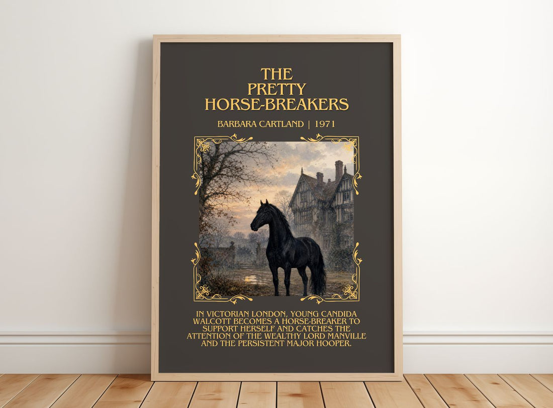 The Pretty Horse-Breakers Minimalist Book Poster by Barbara Cartland – framed print leaning on a wooden floor
