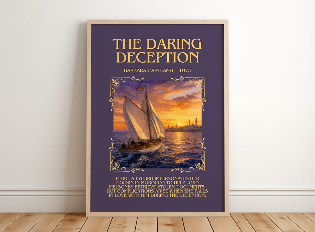 The Daring Deception Minimalist Book Poster by Barbara Cartland – framed print leaning on a wooden floor