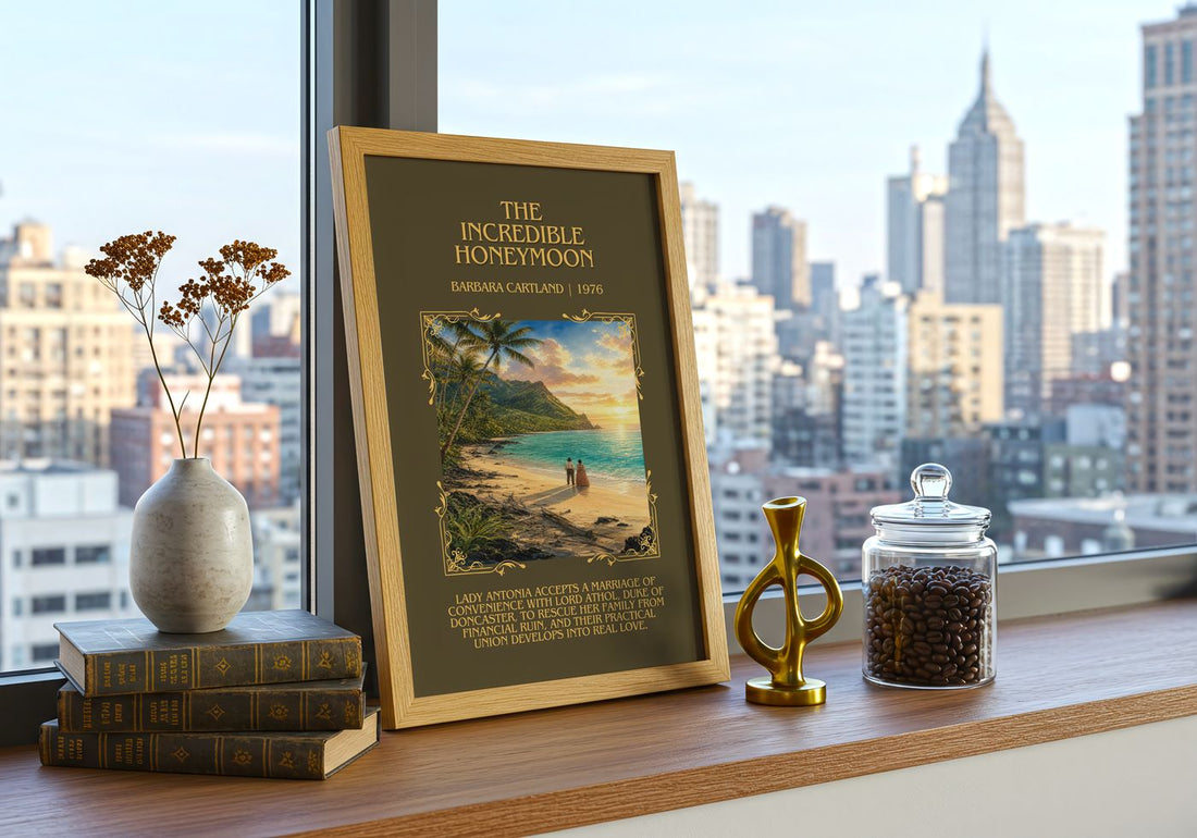 The Incredible Honeymoon Minimalist Book Poster by Barbara Cartland – framed print on a city-view windowsill