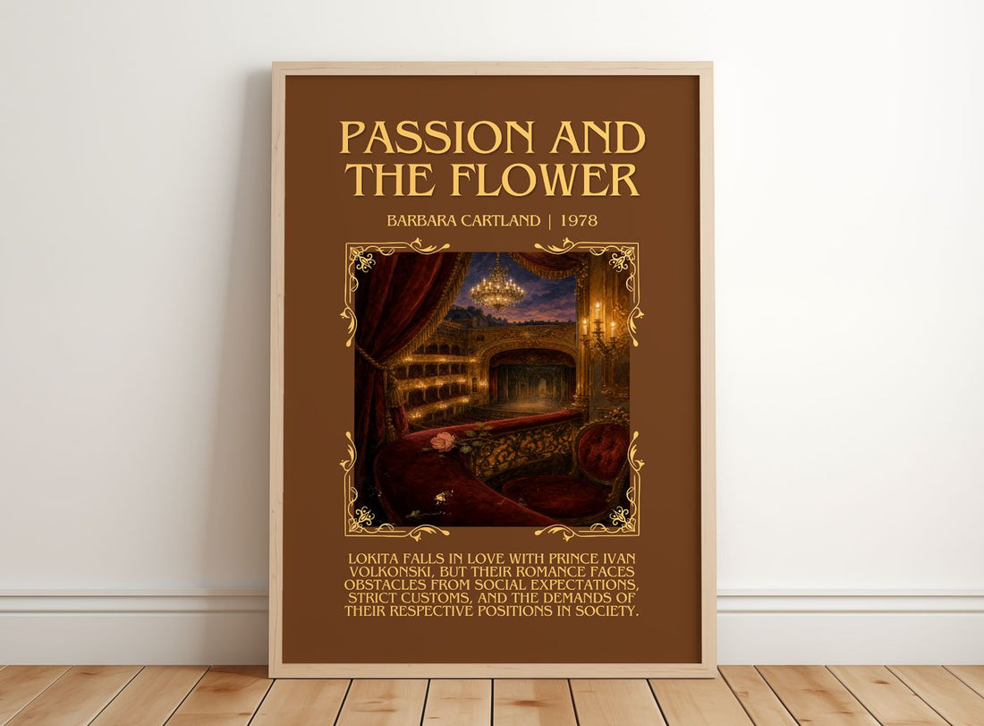 Passion And The Flower Minimalist Book Poster by Barbara Cartland – framed print leaning on a wooden floor
