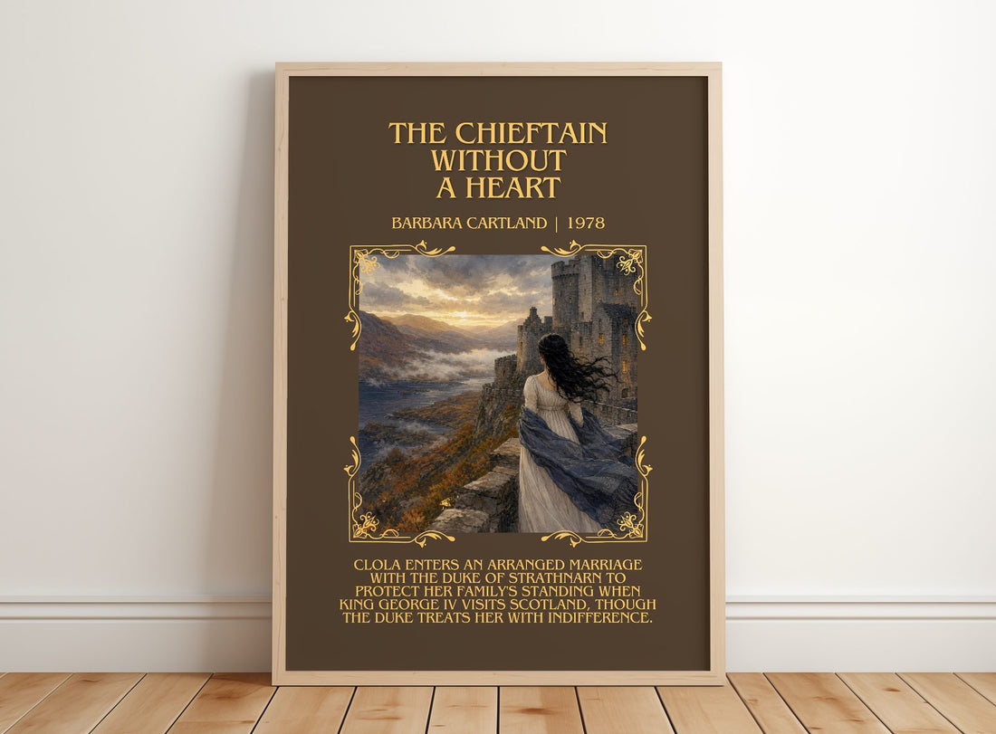 Chieftain Without A Heart Minimalist Book Poster by Barbara Cartland – framed print leaning on a wooden floor