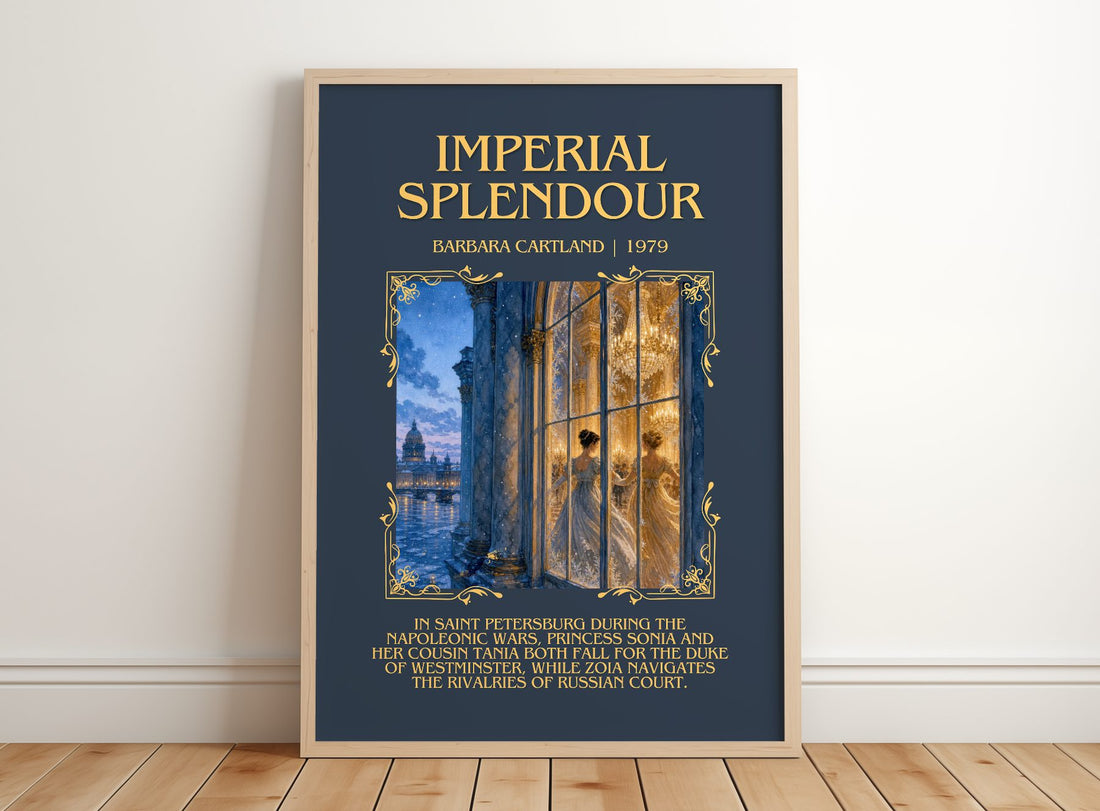 Imperial Splendour Minimalist Book Poster by Barbara Cartland – framed print leaning on a wooden floor