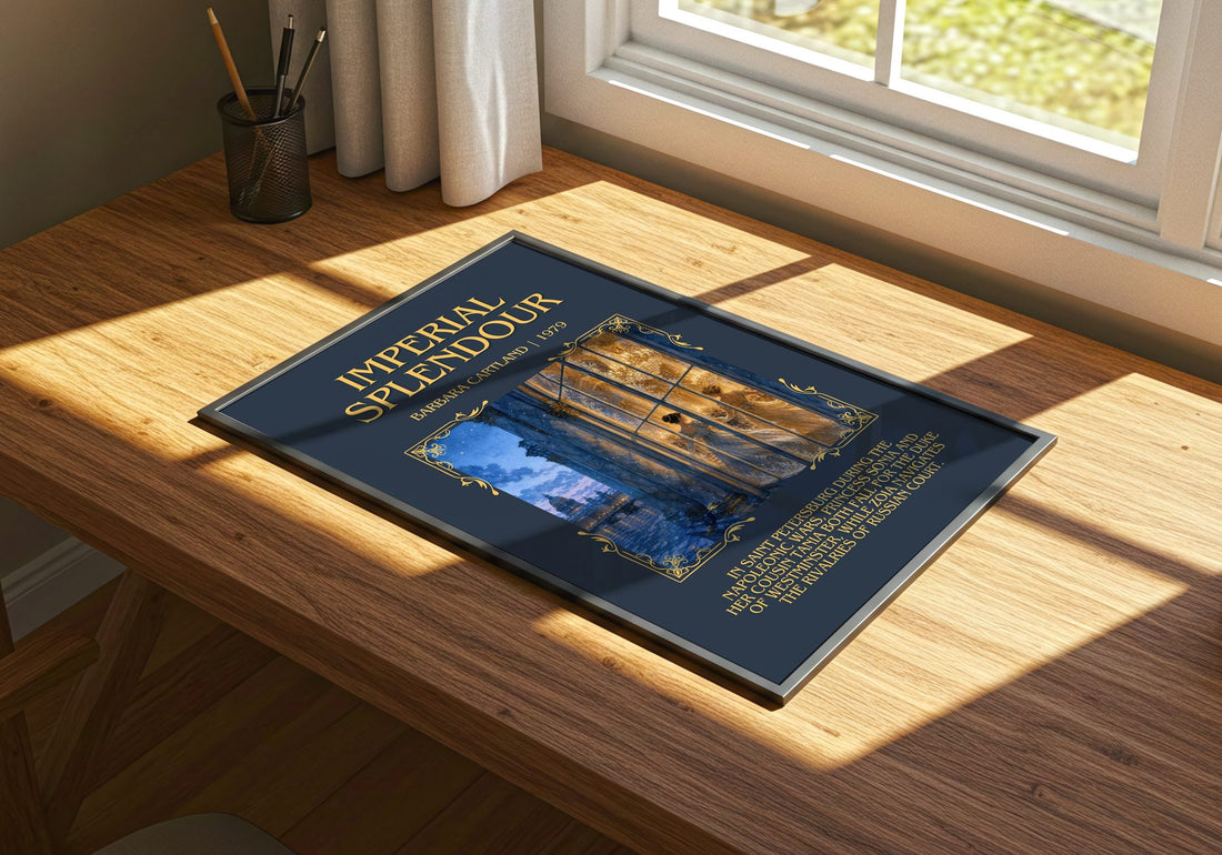Imperial Splendour Minimalist Book Poster by Barbara Cartland – print on a sunlit desk