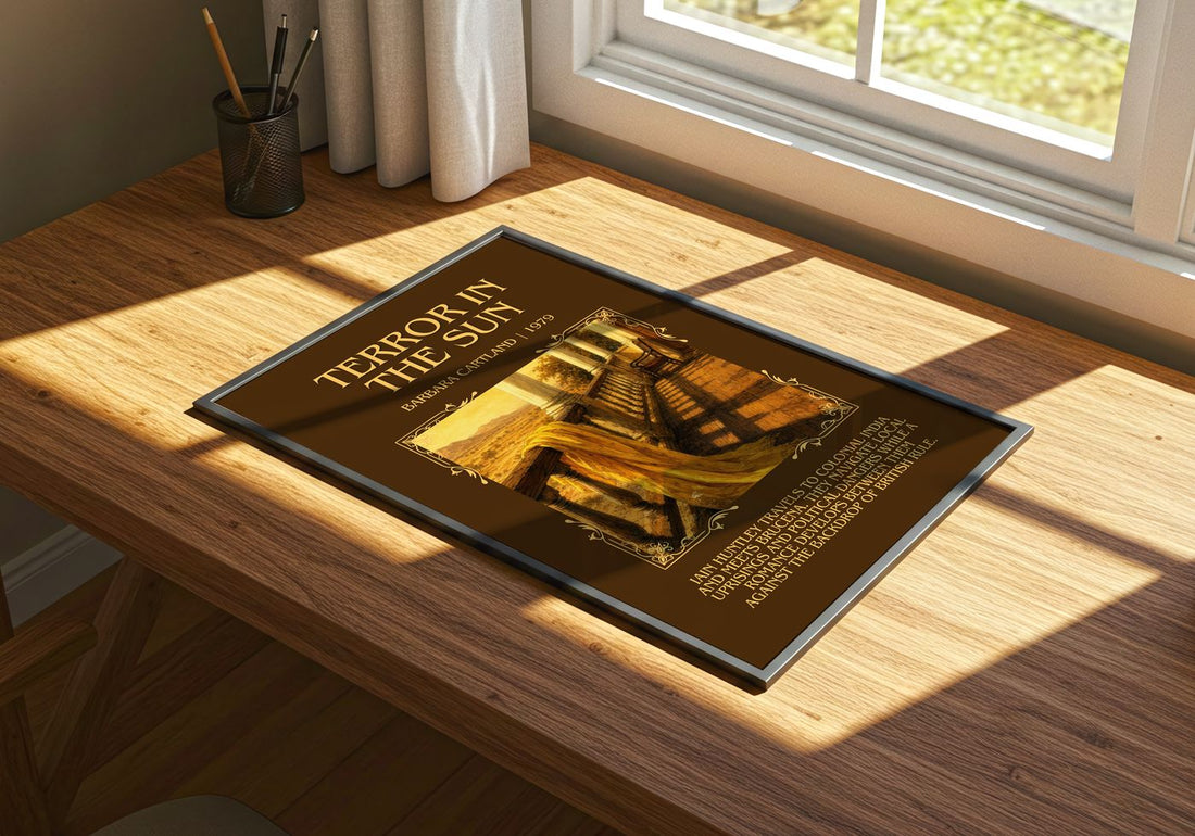 Terror In The Sun Minimalist Book Poster by Barbara Cartland – print on a sunlit desk